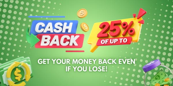 Cashback promotion banner showing returned coins and a terms button
